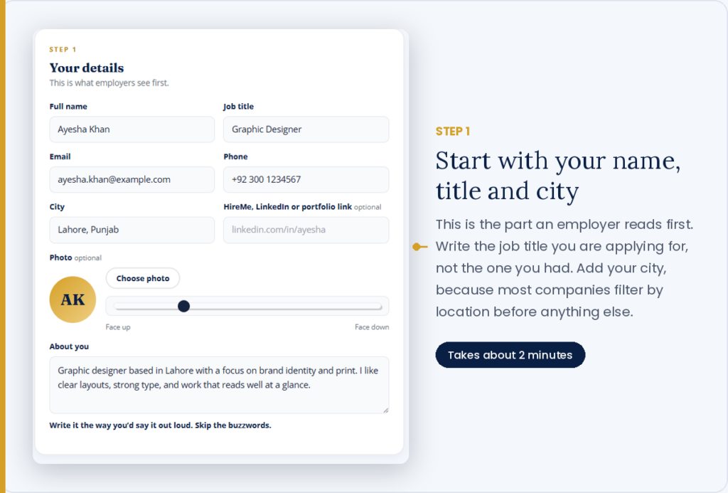Filling in name, job title and city in the free CV maker