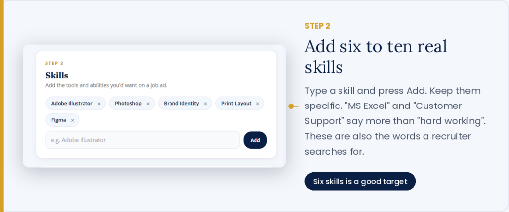 Adding skills to a CV in the HireMe CV maker
