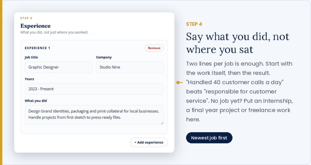 Writing job experience in the free online CV maker