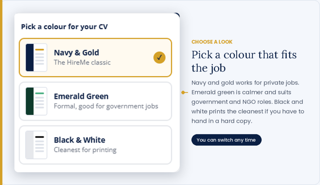 Choosing a CV colour template: navy, emerald green or black and white