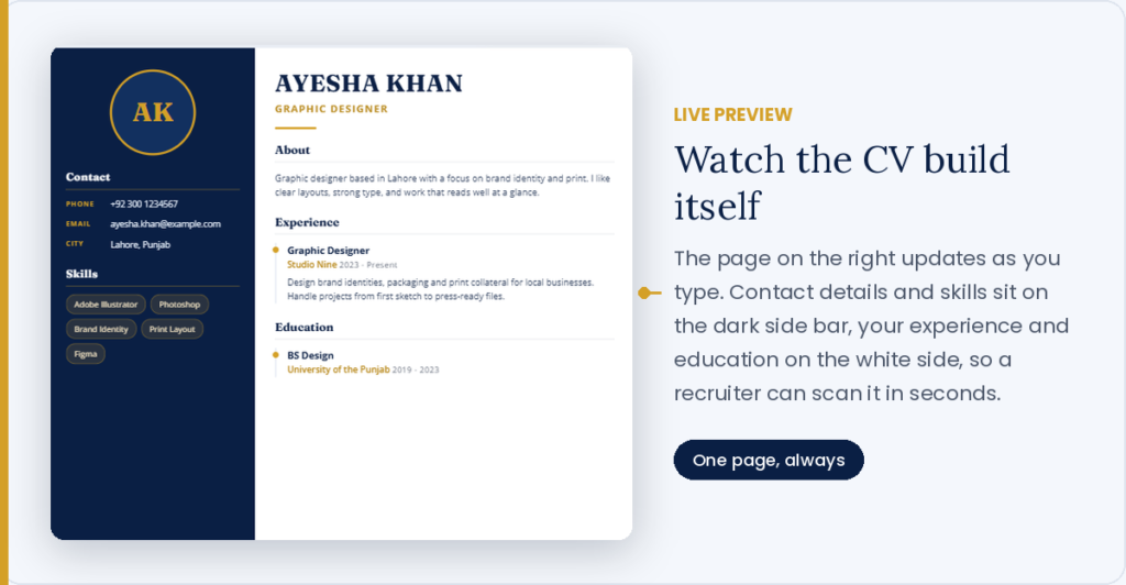 Live preview of a CV in the HireMe.pk CV maker